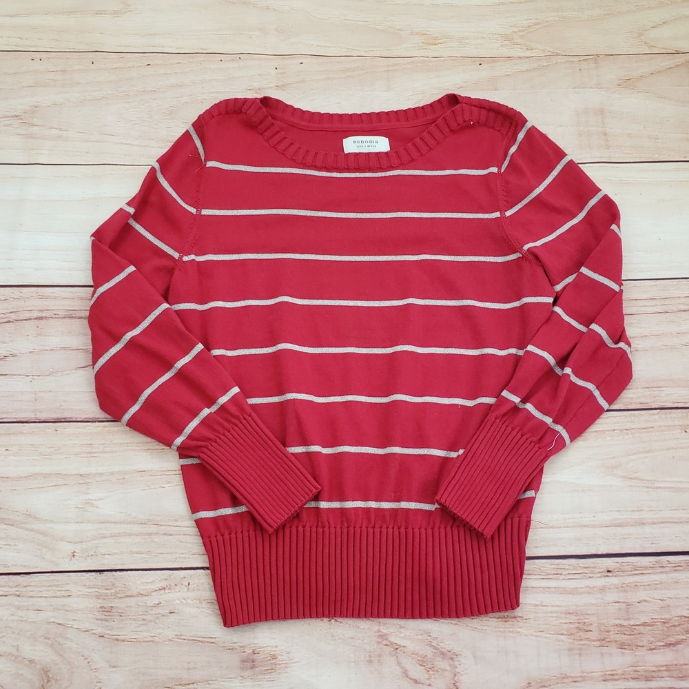 Sonoma Life Style Pullover Sweater Womens XL Red Striped Crew Neck Long Sleeve